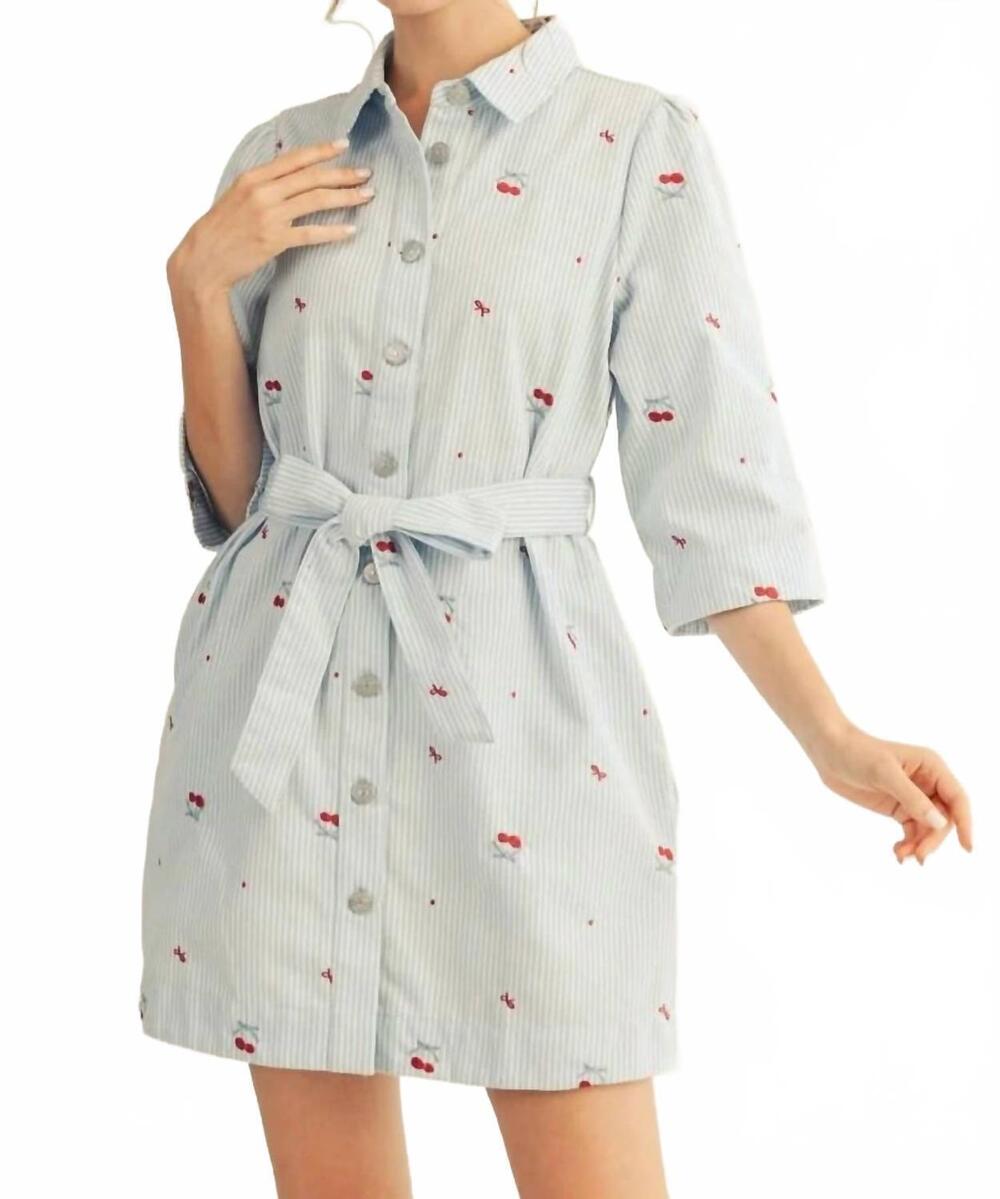 NEW JODIFL 3/4 sleeves stripe cherry mini dress in light denim